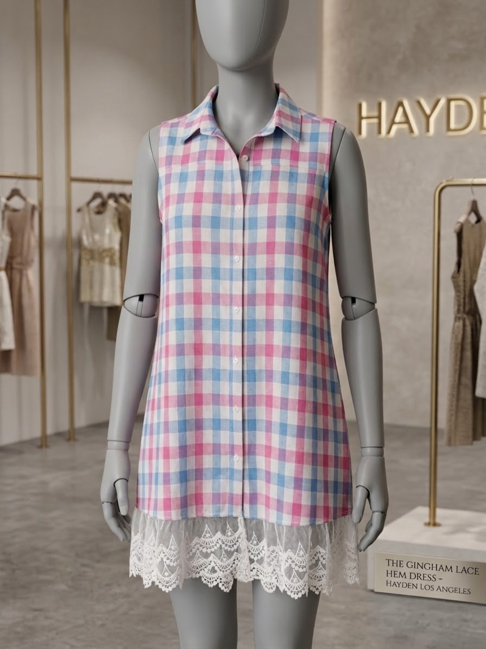 Hayden Pink and Blue Gingham Button-Down Lace Hem Top